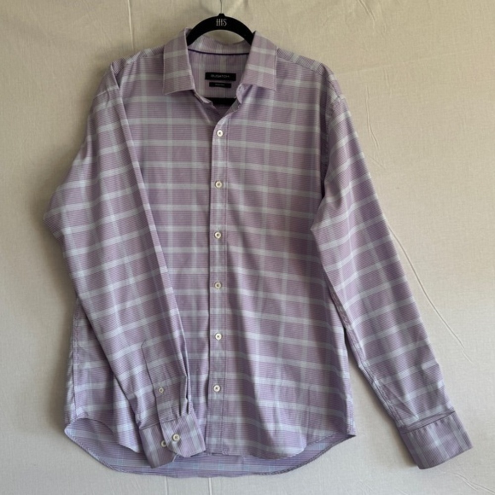 Bugatchi Shaped Fit Purple Plaid Shirt Size Large